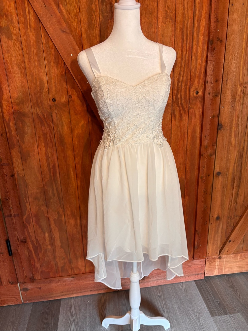 Ivory Lace High-Low Dress with Spaghetti Straps